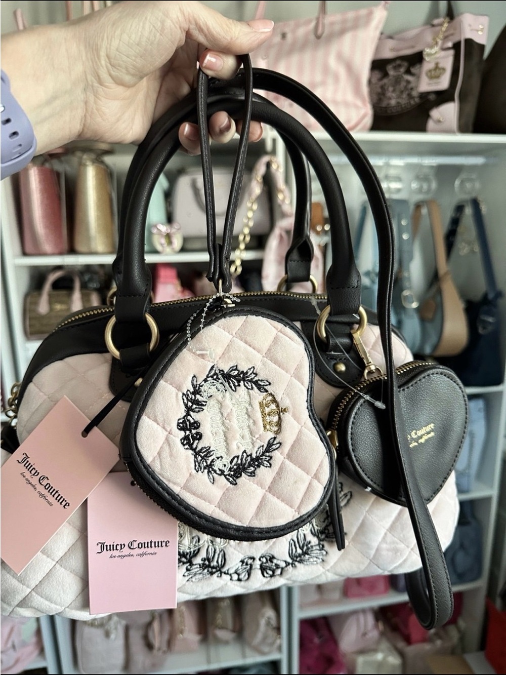New! ~ Juicy Couture Pink Heritage Satchel + Heart Wristlet Set